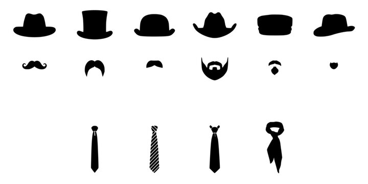 Hat Collection Vector Illustration with Assorted Headwear and Facial Hair Icons in Bold Monochrome Silhouettes
