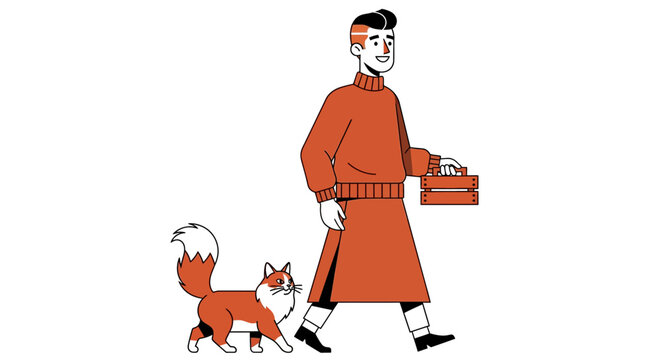 Illustration of man walking with fox and gift box.