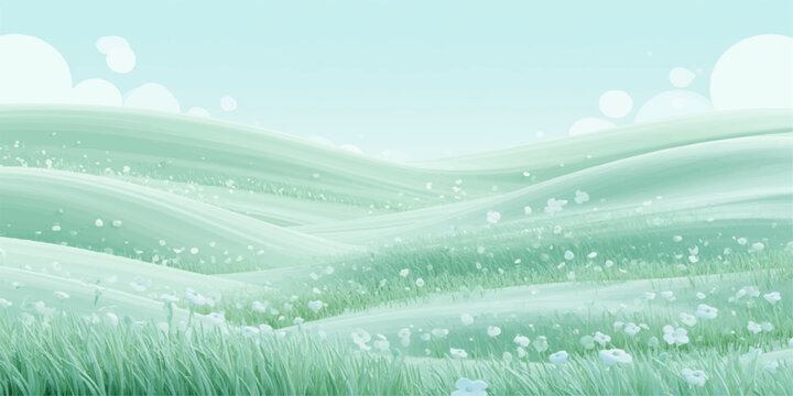 Green grass under blue sky landscape meadow with clouds and nature field