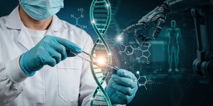Scientist works with dna double helix and robotic arm, genetic engineering and medical research.
