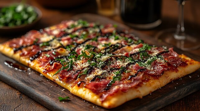 Delicious Rectangular Pizza on Wooden Cutting Board with Fresh Herbs