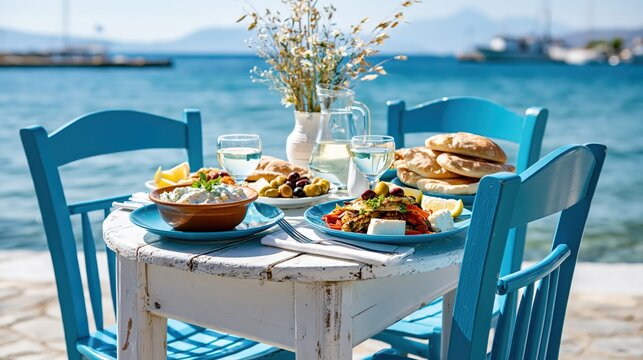 Greek seaside taverna table set for lunch overlooking picturesque port