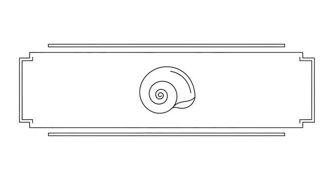 Minimalist line art of a snail shell within a decorative frame, vector illustration