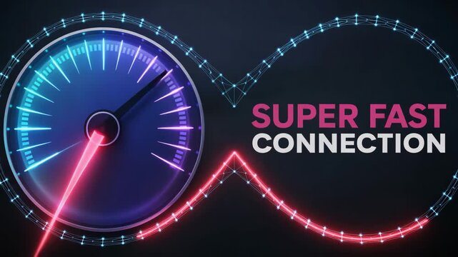Super fast connection speed test concept. Neon speedometer with infinity loop. High speed internet performance and fiber optic technology.