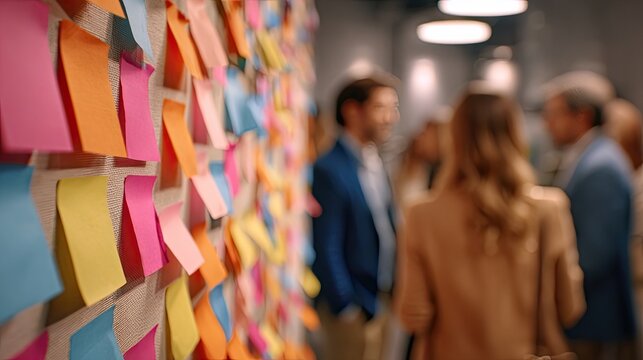 Colorful sticky notes adorn a wall as blurred figures converse in the background