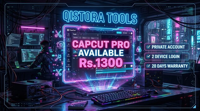 A glowing neon interface displays capcut pro software subscription details with bright purple and blue lights in a high tech digital workspace for professional video editing