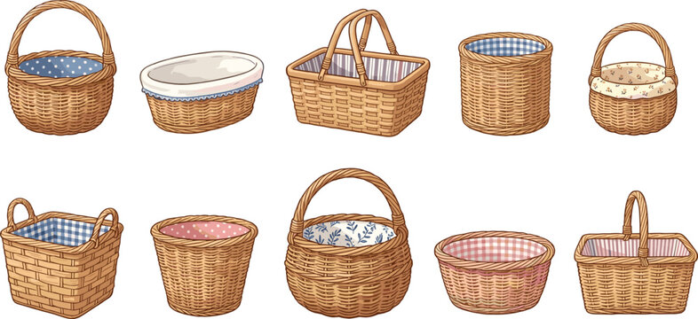 Set of empty wicker baskets with fabric lining for picnic and storage, vector illustration