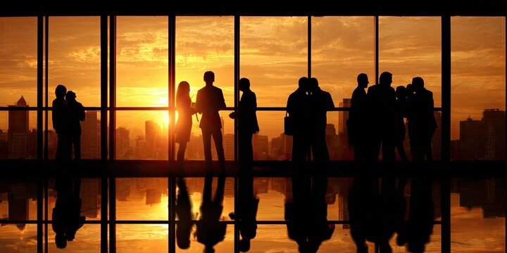 Silhouettes of people in office against sunset cityscape