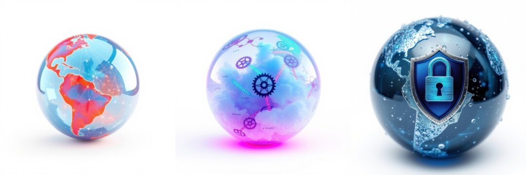 Spherical globes represent world, technology, security. Shiny surfaces reflect light, creating visual impact. Modern design elements present.