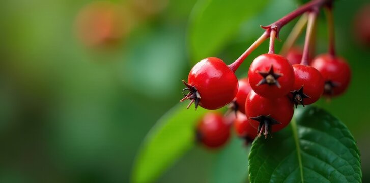Close-up view of red berries on Ruscus aculeatus sprouts, natural elements, berry fruits, flora