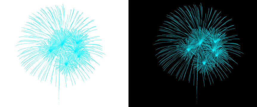 Cyan fireworks burst illustration, bright turquoise pyrotechnic explosion on black and white backgrounds, glowing festive firework display