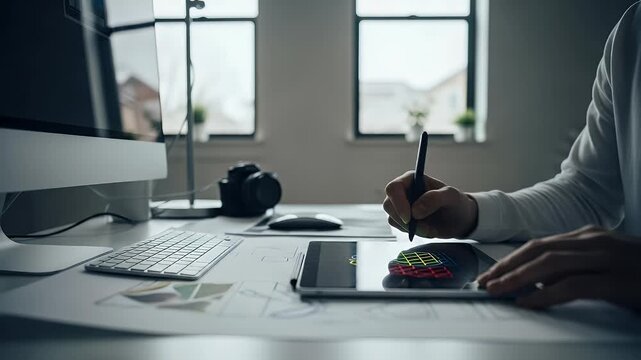 Person using tablet and stylus on desk near windows