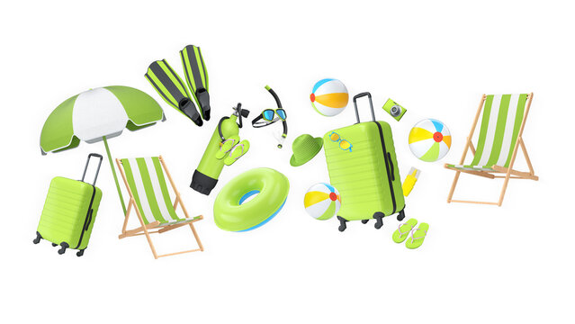 Summer vacation items including suitcases, beach balls, chair, and accessories on white background, concept of holiday travel