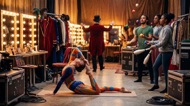 Circus performers rehearsing backstage in a dressing room with a contortionist stretching and a juggler practicing