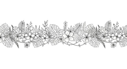 Obraz premium Hand-drawn tropical floral border with monstera leaves and plumeria flowers, black and white sketch