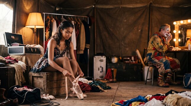 Young ballerina tying pointe shoes in a circus dressing room while a clown prepares in the background