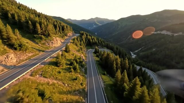 Winding mountain road with sharp turns and steep slopes surrounded by dense green pine forests and rocky terrain under a bright sky with lens flare effect in the distance showing a valley and a