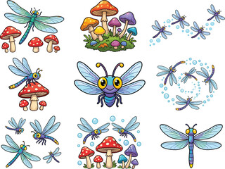 Cute dragonfly cartoon characters and colorful fantasy mushrooms set, vector illustration clip art © Jarin