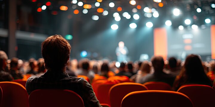 Audience watches speaker on brightly lit stage in a dark auditorium