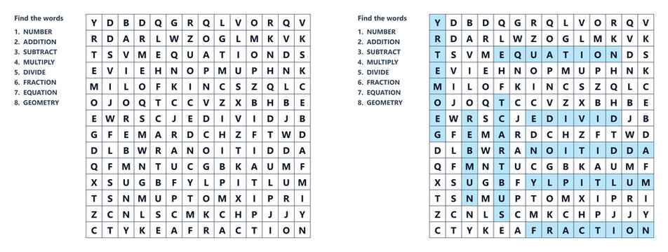 Math Vocabulary Word Search Puzzle Worksheet, Mystery word puzzle