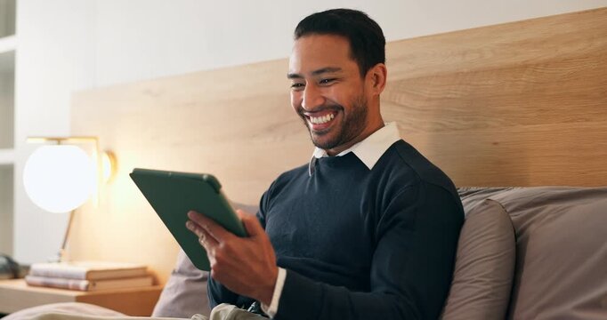 Businessman, relax or bed with tablet in hotel for business network, social media or schedule. Happy man, employee or traveler with smile on technology for internet, connection or browsing in bedroom