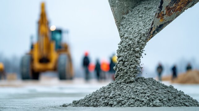 Wet concrete being poured from a bucket onto a construction site