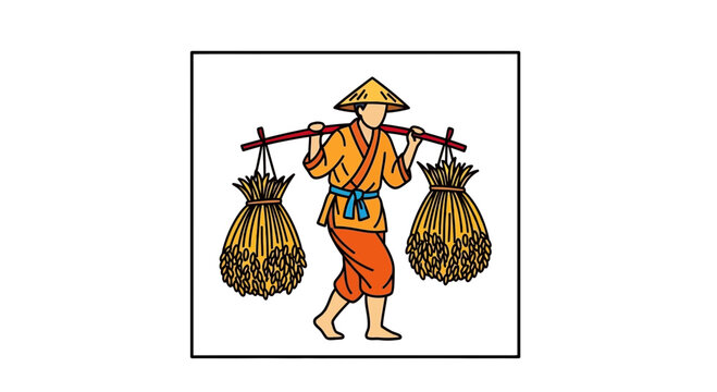 Farmer Carrying Harvested Hay Bales on Shoulder Pole, Traditional Asian Attire