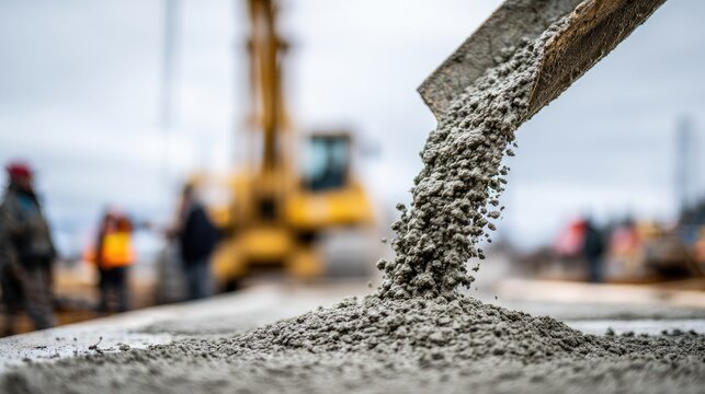 Wet concrete pours from a chute onto a construction site