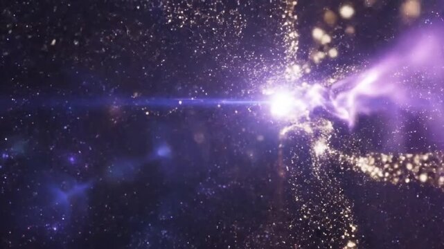 A bright white star or cosmic event emitting a vibrant purple energy wave and a beam of light, surrounded by scattered golden particles and distant stars in the vastness of space