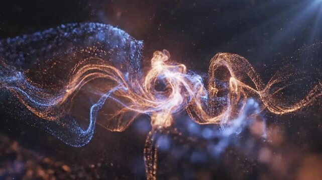 Intertwining streams of glowing blue and orange particles flowing and merging in a dark, abstract cosmic environment with light flares