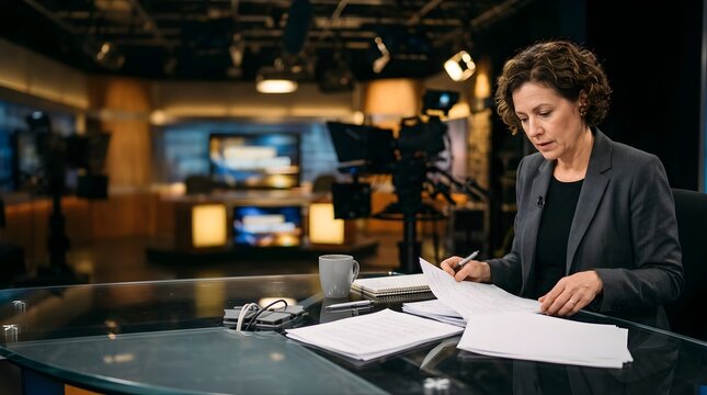 Female news anchor reviewing documents at a desk in a television studio