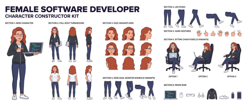 Female software developer character constructor kit vector with desk scenes, sitting poses, face variants, hand gestures and props for tech animation
