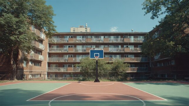 A basketball court sits empty in front of a large apartment building on a sunny day