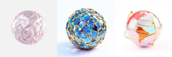 Naklejka premium Three spherical objects displayed. Pink, blue, earthtoned globes present geometric patterns, textures, shadows. Minimalist studio lighting.