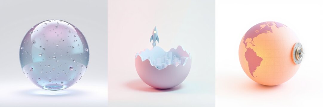 Three spherical images. Left shows crystal ball, center depicts rocket escaping egg, right presents earth globe. Minimalist style, soft lighting.