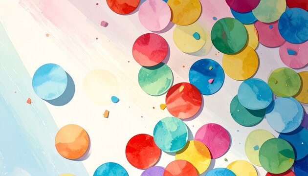 Colorful circular confetti scattered overlapping across surface, vibrant shades blue pink red yellow green purple, festive joyful dynamic pattern, symbolic representation of celebration, energy, happi