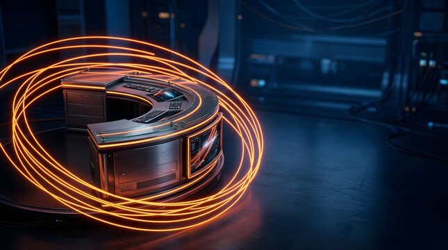 Futuristic television studio desk with glowing orange light rings