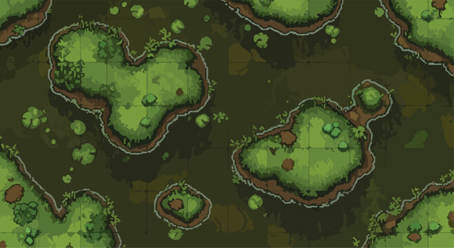 Pixel art swamp landscape vector, top-down game map with green marsh islands, retro 8-bit style fantasy bog environment for RPG gaming
