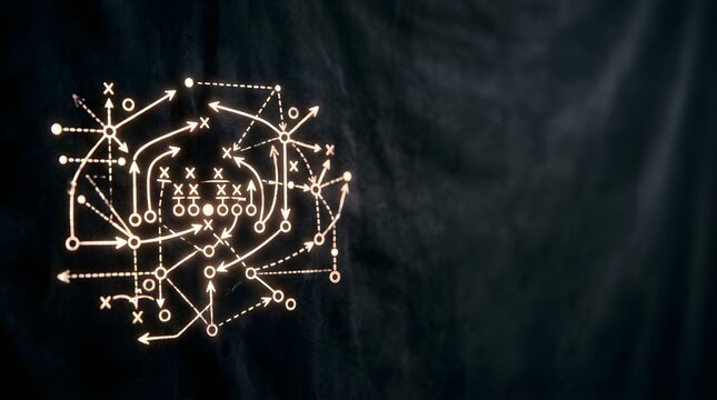 Glowing tactical football play diagram on dark background for media graphics