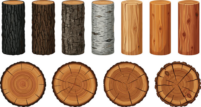 Wood log and cross section tree trunk vector illustration set with various textures, bark patterns, annual rings for carpentry, lumber and rustic design