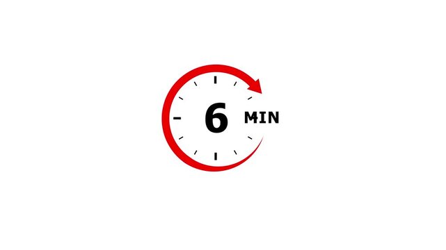 A minimalist circular timer icon indicating six minutes with a red arrow and black numerical text on a plain white background, suitable for various digital interfaces