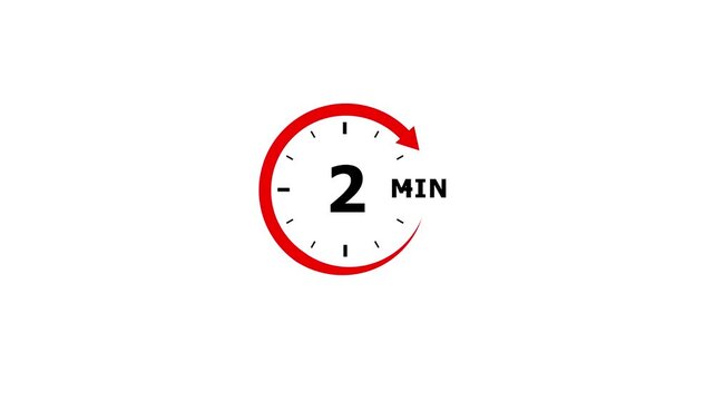 A simple red and black circular timer graphic indicating two minutes with a clockwise arrow and dash marks on a bright white backdrop