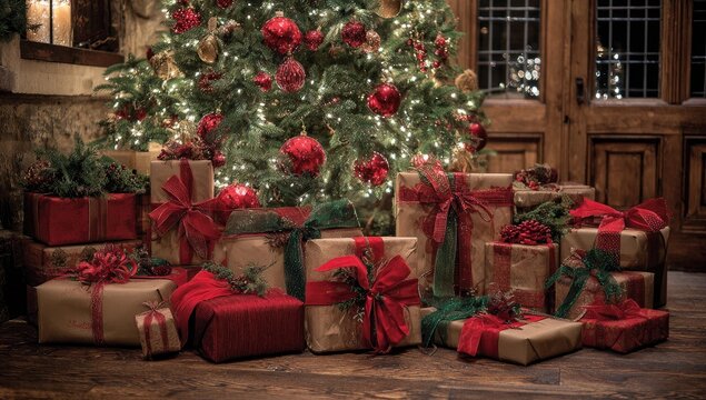 Festive holiday presents piled near a warmly lit, decorated Christmas tree