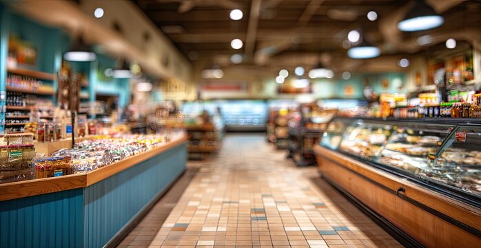 Blurry view of a well-stocked grocery store aisle with refrigerated display cases