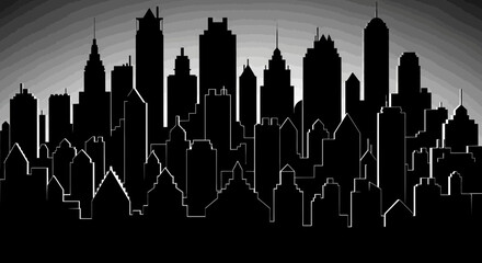 Obraz premium Black silhouette of a dense urban skyline against a gradient gray background