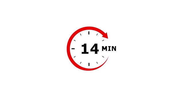 A clean and simple graphic icon illustrating a time duration of fourteen minutes with a red circular arrow and black numerical digits on a pure white background