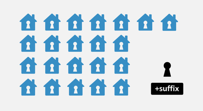 Blue house icons with keyhole symbol and suffix placeholder for web design concepts