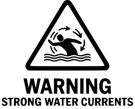 Triangular warning sign indicating warning strong water currents with a black vector silhouette of a person swimming inside a vortex or rip current isolated on white.