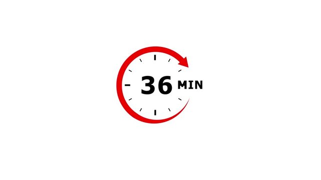 A circular red arrow icon indicating a time duration of thirty six minutes with black minute markers and the number 36 prominently displayed in black text against a clean white background