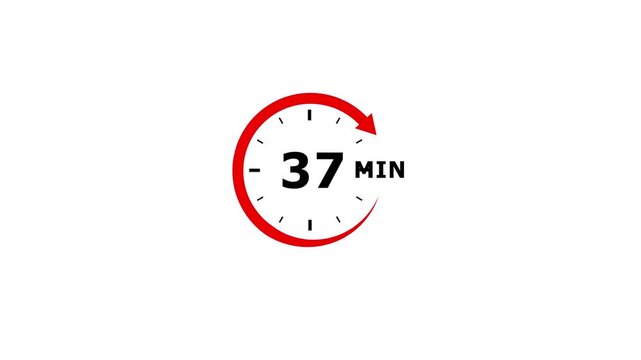A circular red arrow icon signifying a time period of thirty seven minutes with black minute markers and the number 37 clearly visible in black text on a stark white background